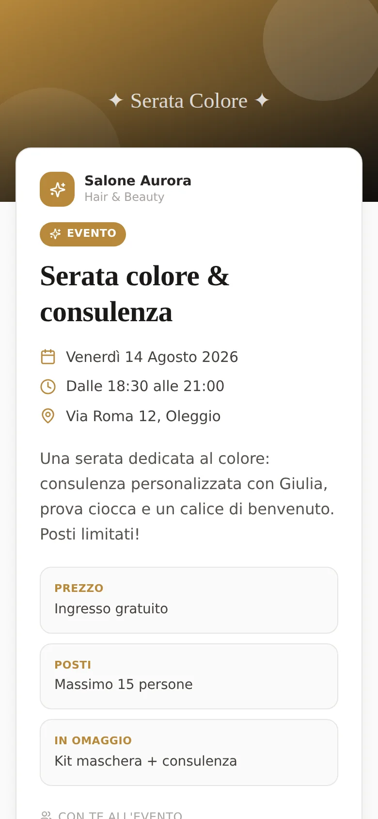 Pagina pubblica di un evento del salone su smartphone